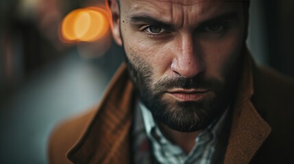 Fototapeta premium man wearing a coat and scarf, with bokeh lights in the background. facing the camera with confidence.