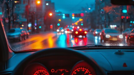a car dashboard with a speedometer and a city street at night time - obrazy, fototapety, plakaty