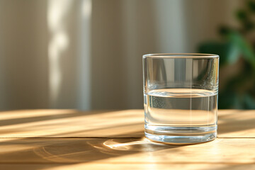 Half-full, Half-empty glass on the wooden table in sunlight, optimism versus pessimism mindset - obrazy, fototapety, plakaty