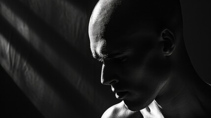 young man hair loss in early adulthood confidently shaving head shadow room background