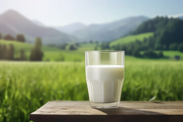 A glass of milk against a background of green meadow. AI generative.