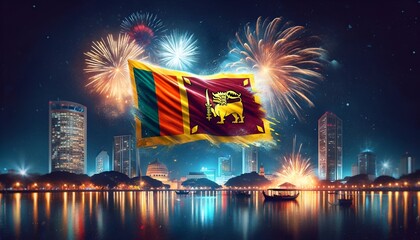 Sri lanka independence day illustration with fireworks over the city.