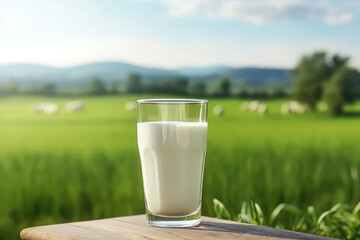 A glass of milk against a background of green meadow and mountains. AI generative.