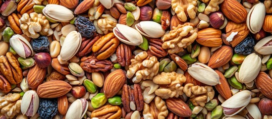 Top view of a mixture of nuts and dried fruits including pecans, pistachios, almonds, peanuts, cashews, and pine nuts. - obrazy, fototapety, plakaty