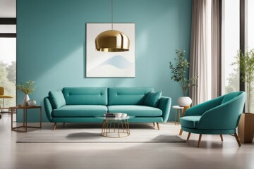 Interior home design of modern living room with turquoise sofa, furniture and houseplants near the window