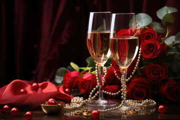 Glamorous Romantic Background Romance with Red Wine, Red Roses, Pearls, and Shimmering Bokeh. Perfect Valentines Wedding Romantic Background for Cards, Banners, Wallpapers