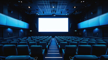 Empty of cinema in blue color with a white blank screen. Mockup of hall, no people, and auditorium 