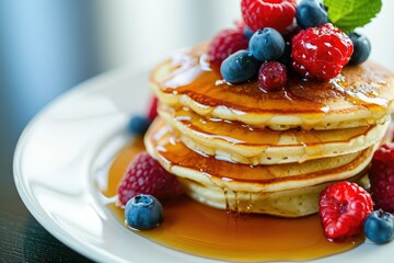 Morning Indulgence - A Stack of Pancakes with Maple Syrup and Fresh Fruits