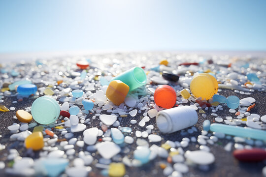 microplastic particles float in the ocean, water pollution.
