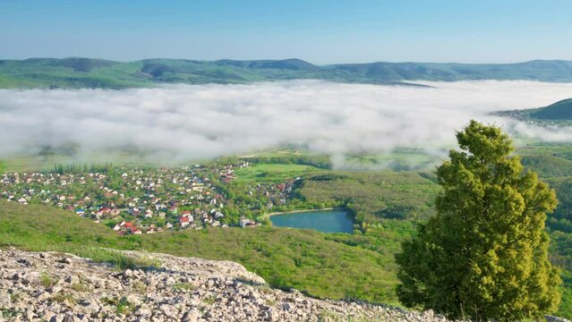 Morning mist in mountin valley. Nature landscape composition. 