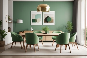 Interior home design of modern dining room with wooden dining table and green chairs with wooden furniture and houseplants near the window