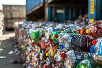 Fototapeta premium Bales of compacted mixed recyclables awaiting processing
