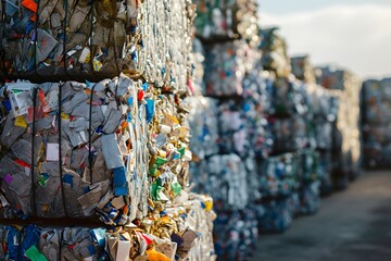 Bales of compacted mixed recyclables awaiting processing