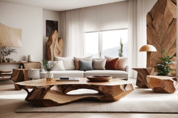 Obraz premium Interior home design of modern living room with gray sofa and living edge table with wooden furniture and houseplants near the window