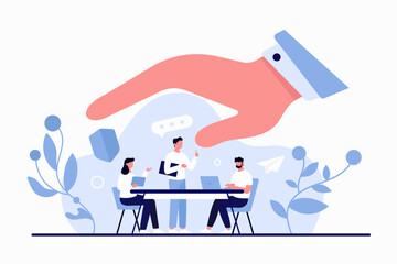 Support and assistance from corporate company manager to employees wellbeing. Boss or employer holding giant hand over tiny working people at desk to protect and care cartoon vector illustration