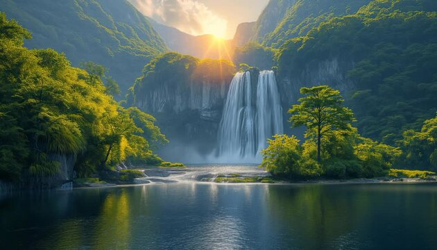 Waterfall and River in Forest Background