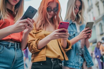 Group of friends using their smart mobile smartphones outdoor - Millennial young people addicted to new technology trends apps - Concept of people, tech, social media, generation z and youth lifestyle - obrazy, fototapety, plakaty
