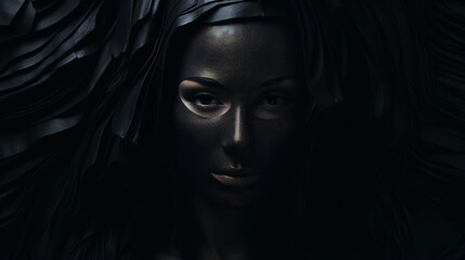 "Dark Mask Woman" features a mysterious female figure adorned in a captivating yet enigmatic mask.