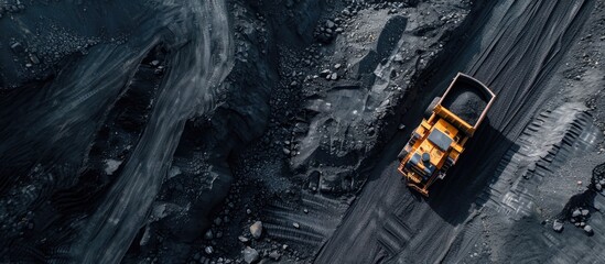 Aerial view of coal loading in open pit mine. - obrazy, fototapety, plakaty