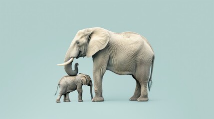 象の親子、青背景
