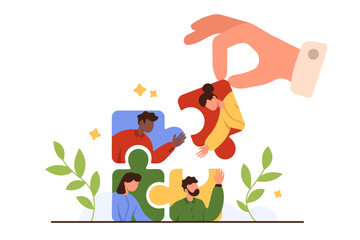 Organization of strong team, introduction of new employee. Giant hand of employer or boss holding puzzle piece with portrait of woman to put into group to complete jigsaw cartoon vector illustration