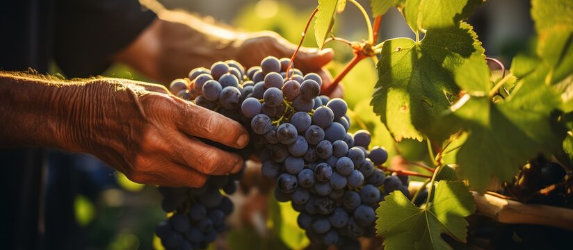 close up of farmer hands checking the quality of grapes on an organic farm