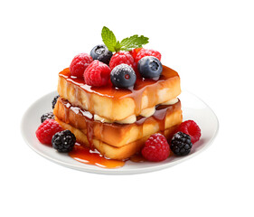 Stack of freshly made french toast garnished with mix berry compote and powder sugar on png background.