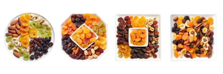 Foto op Canvas Set of dried fruits on square plate top view isolated on a transparent background © ANILCHANDRO