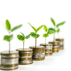 Fototapeta na wymiar business financial planning concept. row of coins stack with green plant growth up on white background, ai technology