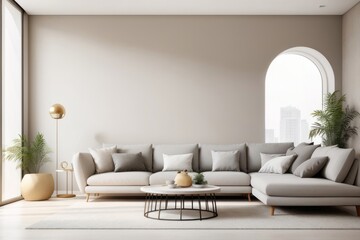 Fototapeta premium Interior home design of modern living room with gray sofa and round table with blank beige stucco wall mockup
