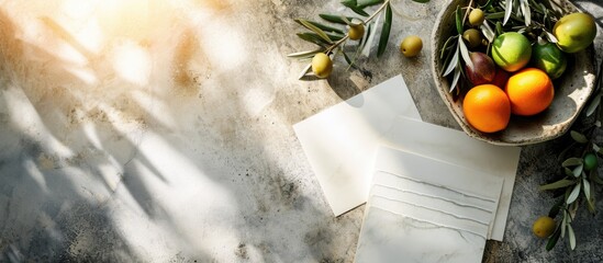 Vertical invitation cards with a Mediterranean feel, placed on a concrete table decorated with olive branches and fruits, captured in a sunny, summery top-view scene. - obrazy, fototapety, plakaty