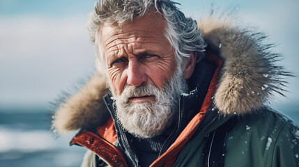 portrait of experienced strong man from the far north with an icy beard, confidently and seriously looking straight - obrazy, fototapety, plakaty