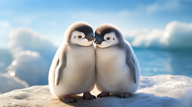 Cute two penguins. Creative animal concept.