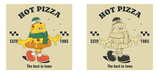 Pizza mascot vintage design. Poster, sticker, print, logo for a restaurant, menu, cafe,pizzeria with a cartoon, cool pizza happily walking in a hat and scarf.Vector illustration in retro style 60s-70s - obrazy, fototapety, plakaty