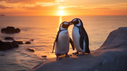 Cute penguins kissing by the ocean --ar 16:9 Job ID: f984e57c-aa58-4f77-96ef-9271db1de57e - obrazy, fototapety, plakaty
