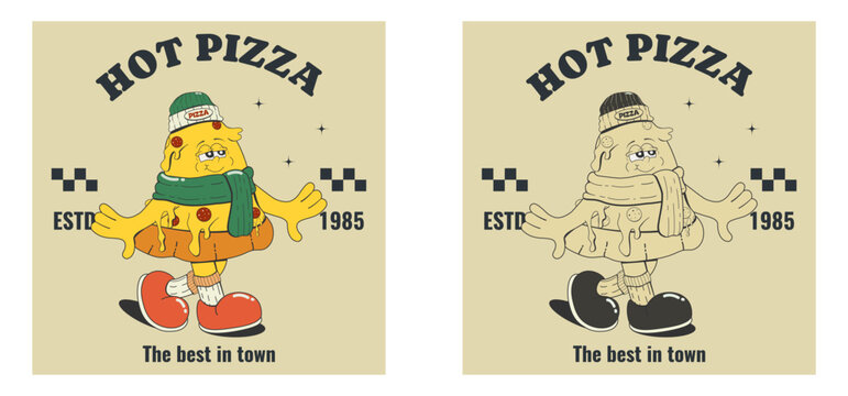 Pizza mascot vintage design. Poster, sticker, print, logo for a restaurant, menu, cafe,pizzeria with a cartoon, cool pizza happily walking in a hat and scarf.Vector illustration in retro style 60s-70s