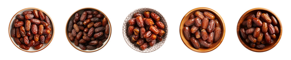 Collection bowl of dried date fruits isolated on a transparent background, top view - obrazy, fototapety, plakaty
