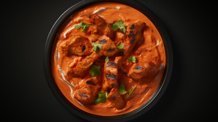 A bowl of creamy and spicy chicken tikka masala, a classic dish often served during Ramadan