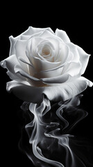 Black rose with smoke isolated on white background, close-up.