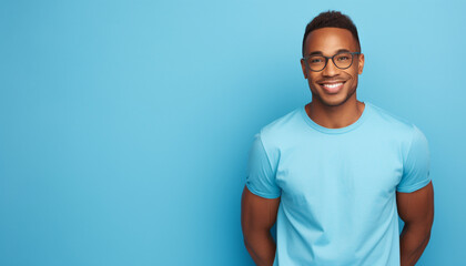 African american man waring blue t-shirt and glasses isolated on blue background - obrazy, fototapety, plakaty