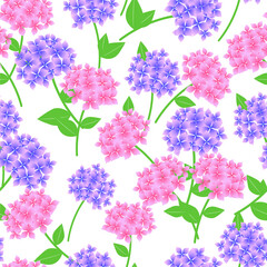 Bright floral seamless pattern. Pink and blue hydrangeas on a white background.