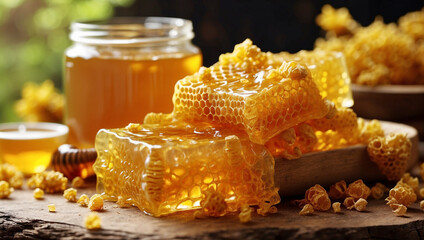 Fresh honeycomb, honeycomb and honey, naturally sweet, real natural honey, real natural honey product Healthy, healthy choices, health products, delicious honeycomb on wooden table,High quality photo,