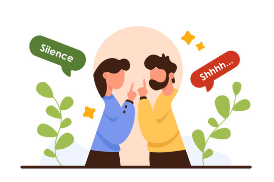 Shut mouth, stop talk gestures from couple, secrecy. Man and woman in keyhole of door showing index fingers to ask hush and secret, Shhhh and Silence text in speech bubbles cartoon vector illustration