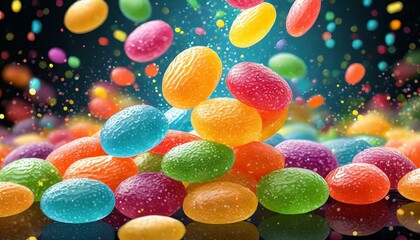 Colorful raibow candy falling on transparent background, png. falling jellybeans - obrazy, fototapety, plakaty