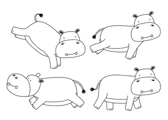 Set of cute hippo animal doodle hippo in many poses.
