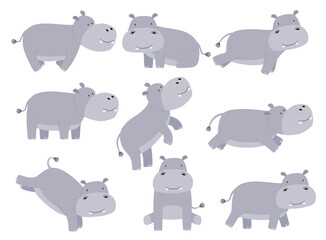 Set of cute hippo in many poses.