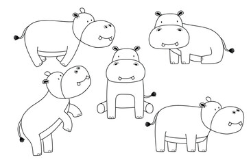 Set of cute hippo animal doodle hippo in many poses.