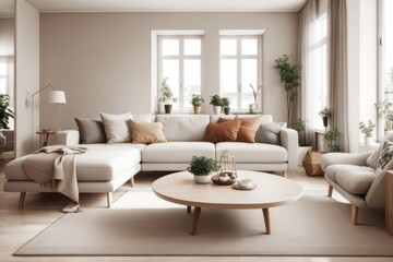 Fototapeta premium Scandinavian interior home design of modern living room with beige sofa and table with wooden furniture and houseplants near the window