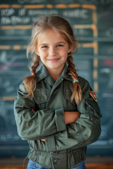 Fototapeta premium Smiling kid wearing pilot outfit. Little girl wearing a fighter jet pilot costume. Girl dressed as a pilot with a flight suit.