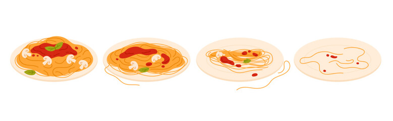 Eating spaghetti with tomato sauce, basil and mushrooms, sequence game animation set. Animated steps of eaten Italian food, plate with pasta, half full and empty bowl cartoon vector illustration - obrazy, fototapety, plakaty